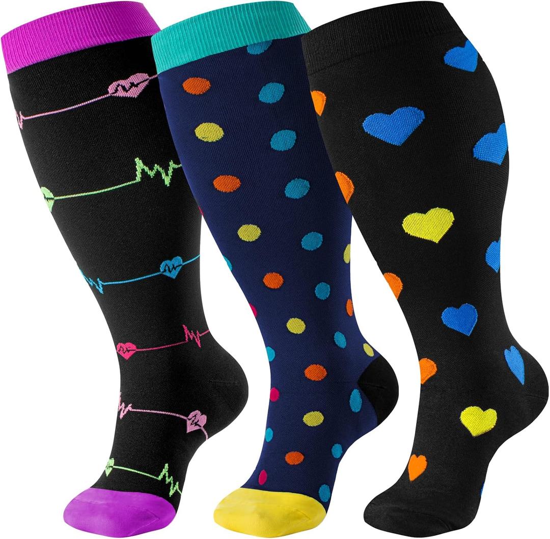 cerpite Plus Size Compression Socks Wide Calf for Women & Men 20-30 mmhg-Extra Wide Calf Knee High Support Socks (3X-Large, 03-black Love Plus)