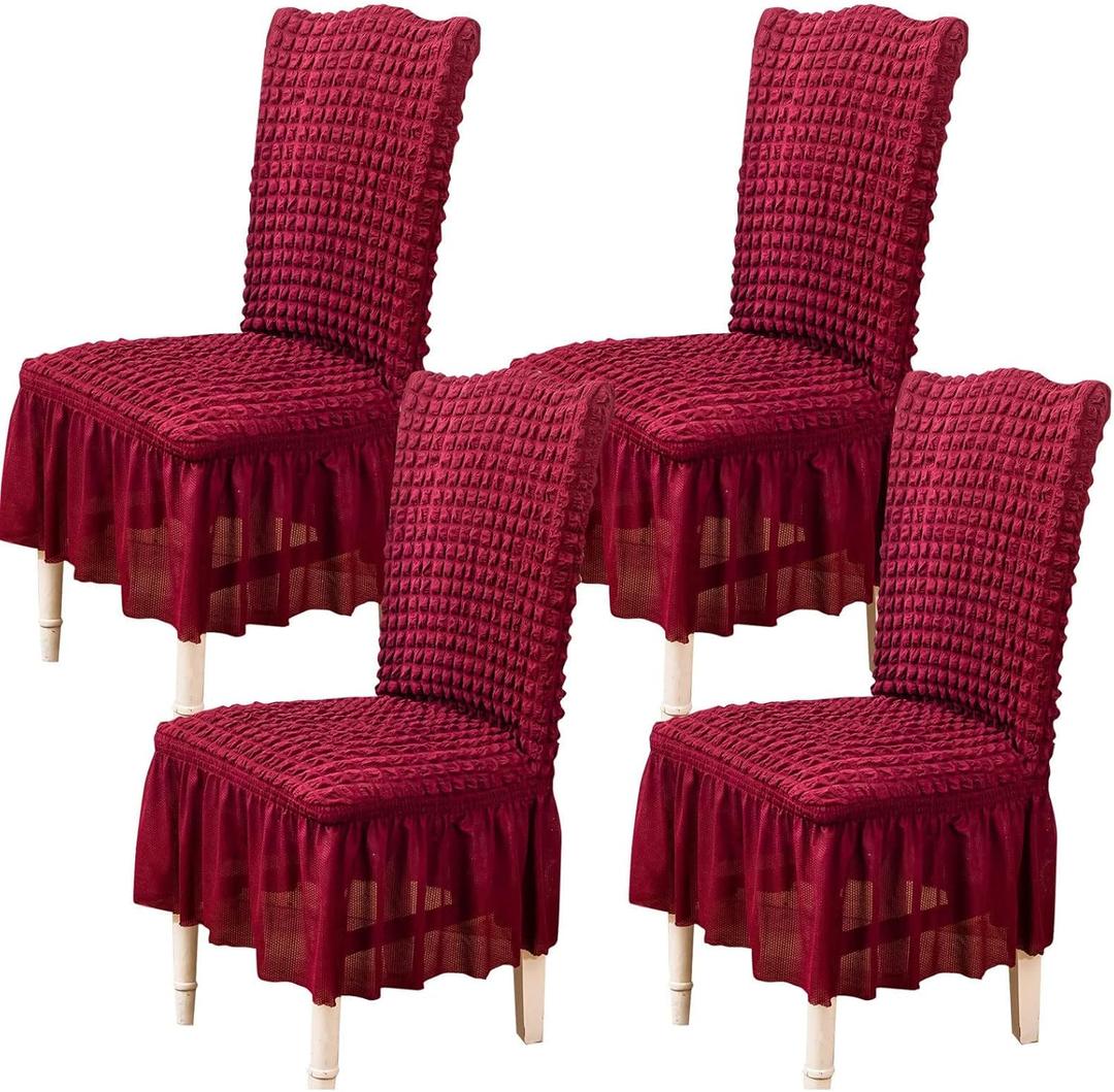 Qubjus Chair Covers for Dining Room Set of 4 Stretch Chair Slipcovers with Skirt Removable Washable Kitchen Chair Protector Cover Set for Home, Party, Wedding (Burgandy, 4pcs)