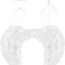 Zezzxu White Angel Wings with Halo and Fairy Wand for Adult Feather Wing Angel Costume for Christmas Cosplay (23.6 x 17.7 Inch)