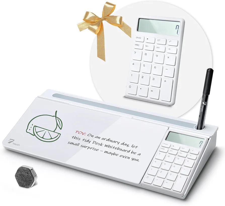TOWON Desktop Glass Whiteboard with Basic Calculator, 12 Digit LCD Display, Desk Organizers with Accessories for Office, Home, School Supplies, Storage with Dry Erase Board Surface, White, 18'' x 6''