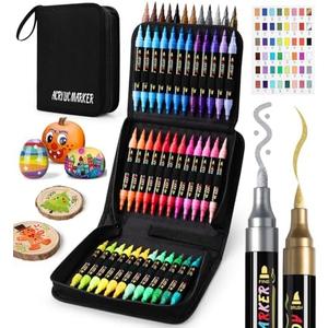 Dual Tip Acrylic Paint Markers, Paint Pens with Fine Tip and Brush Tip Pens, Coloring Markers No Bleed, for Paper, Pottery, Stones, Backpacks, Glass, Eggs, Fabrics, Plastics, Handicrafts