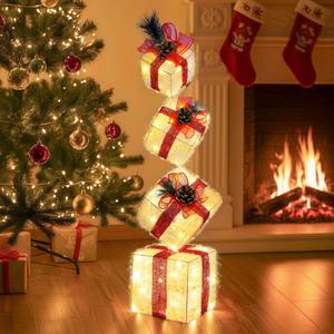 Stackable Lighted Gift Boxes Set of 4, Battery-Powered Lighted Christmas Boxes with Warm LED & Timer, Metal Frame Gift Box for Indoor/Outdoor Mantel, Tabletop & Staircase