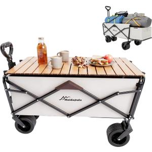 Collapsible Folding Wagon Cart with Removable Table Top & Tailgate, Heavy Duty Beach Wagon with Large All Terrain Wheels for Sand, 430LBS Capacity for Camping Garden Sports Grocery, White