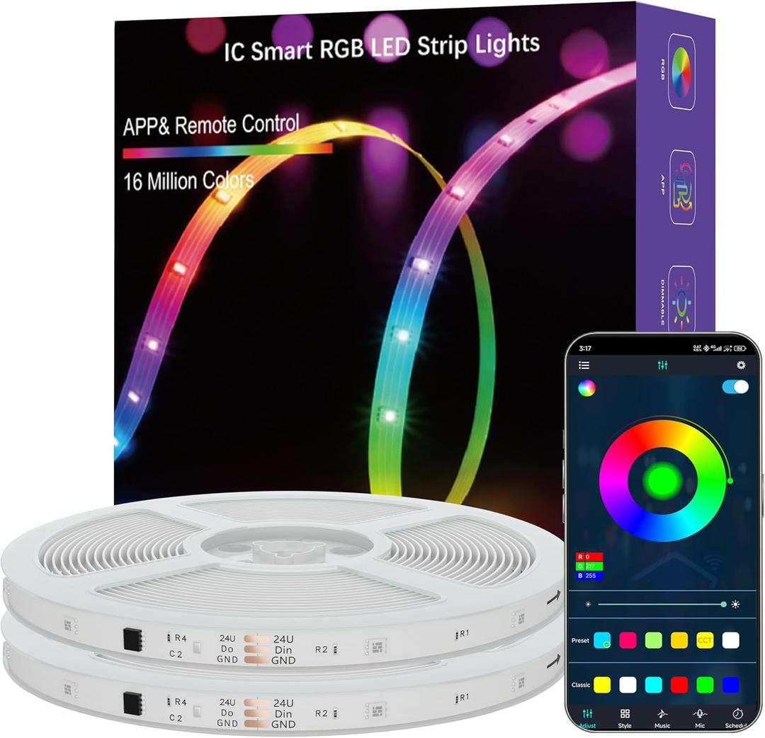 Smart IC RGB Strip Lights, 100FT LED Lights Multiple Colors on One Line, App+Remote Control, Timing, Multimodal, Music Sync, Color Changing Lights for Bedroom, Party Home Decor