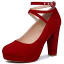 Mostrin Red Chunky High Heels for Women Sexy Closed Toe Platform Pumps with Buckle Strap Mary Jane Dress Shoes for Formal Prom Party Size 9