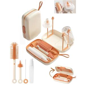 Travel Bottle Cleaner kit, 7in1 Baby Toddler Travel Essential Silicone Bottle Brush Set, Nipple, Drying Rack, Straw, & Breast Pump Cleaning, Soap Dispenser & Organizer Case, Gift for Mom (Orange)