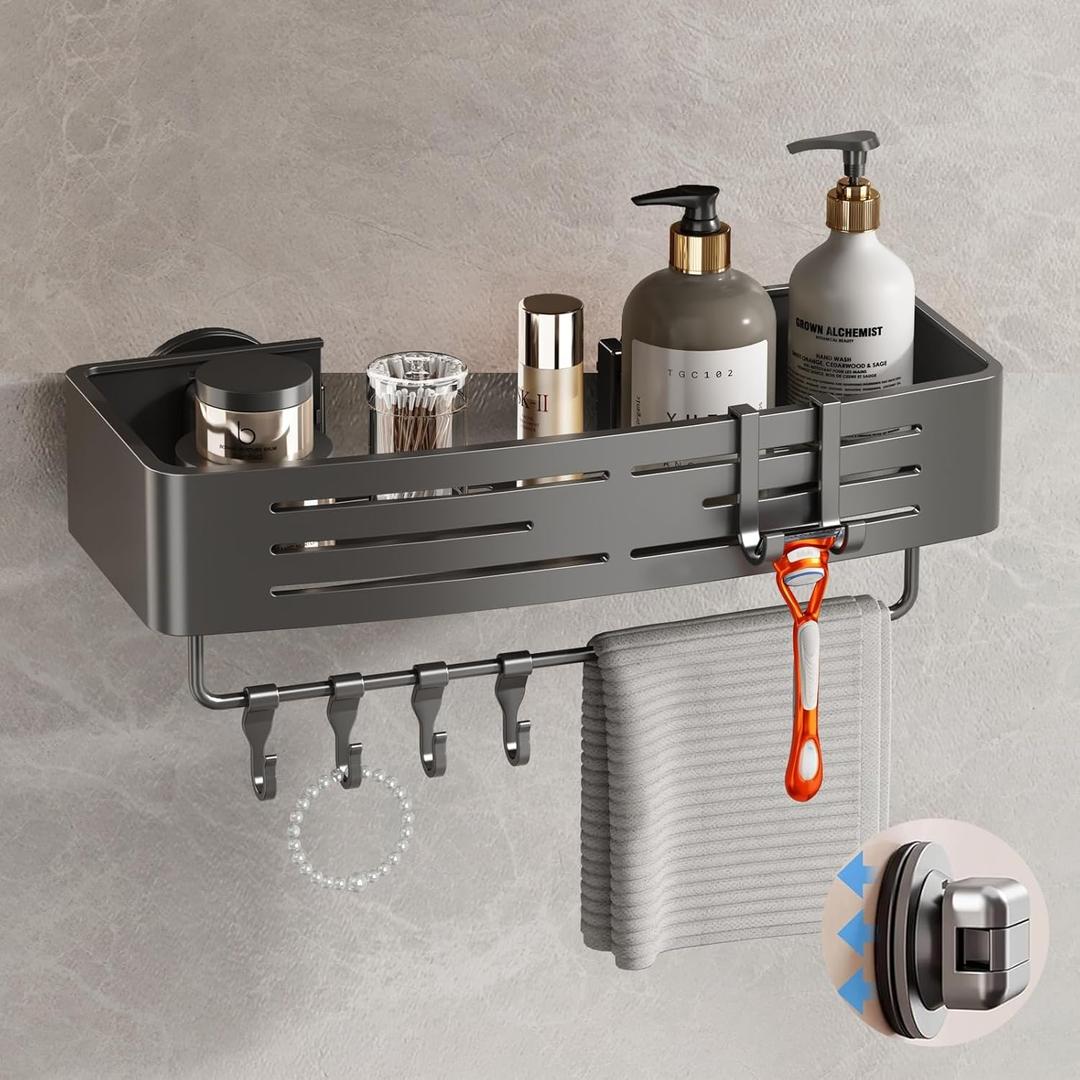 Voldra Corner Shower Caddy Suction Cup, 2 Pack Corner Shower Shelves No Drilling, Aluminum Upgrade Suction Cup Shower Organizer with Towel Bar & Hooks Removable Bathroom Storage Rack(Gray)