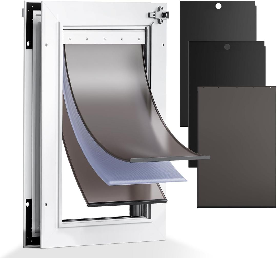 3-Flaps Aluminum Medium Doggy Door for Door, Pets Up to 45 lb | Include 1 Replacement Flap & 2 Closing Panels, Insulation Flap, Aluminum Safety Locks, Resist Extreme Weather, Heavy Duty