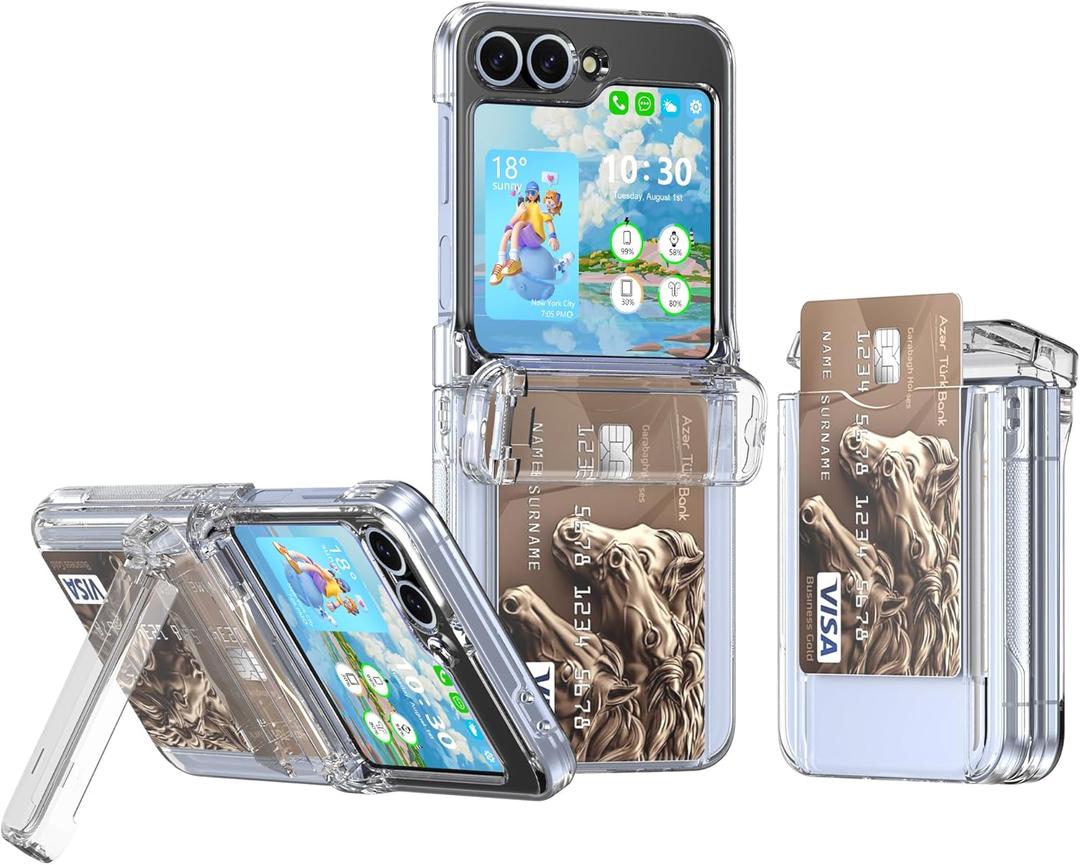 DAKORIE for Samsung Galaxy Z Flip 7 FE/6 Case with Kickstand Card Holder Hinge Protection Flip Phone Case Protective Cover for Samsung Galaxy Z Flip 7 FE 2025/Galaxy Z Flip 6 2024 5G - Clear