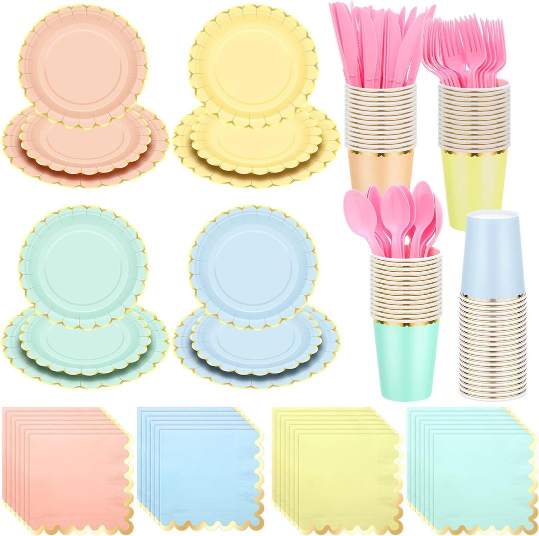 Yaomiao 168 Pcs Disposable Dinnerware Set Party Supplies, Scalloped Paper Plates Cups Napkin with Gold Foil Plastic Forks Knives Spoons Serve 24 Guests for Birthday Baby Shower (Multicolor,Round)