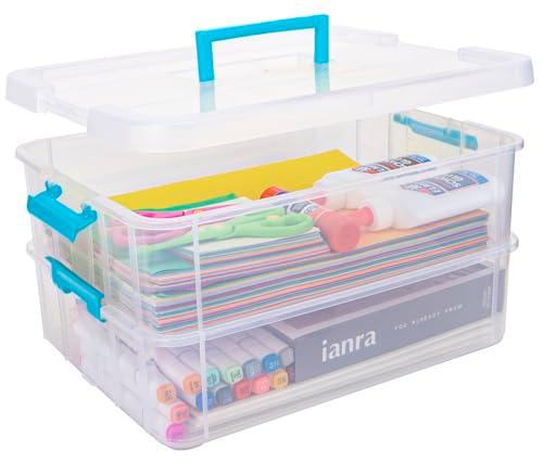 TERGOO 2 Layer Plastic Storage Containers with Lids, Multipurpose Clear Stack & Carry Box, Portable Craft Organizers and Storage Bin for Organizing Art & Craft, Sewing, Makeup, Nail Supplies (Blue)