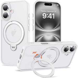 2 x SKYLMW Compatible with iPhone 16 Case with 360° Spin Magnetic Ring Stand [Compatible with Mag-Safe][Military Grade Protection] Translucent Matte iPhone 16 Phone Case 6.1", White
