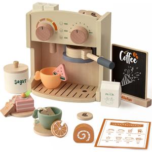 Wooden Coffee Play Set - 22PCS Pretend Play Coffee Maker Toy for Kids Age 3-8, Montessori Learning Toys with Realistic Espresso Machine & Accessories