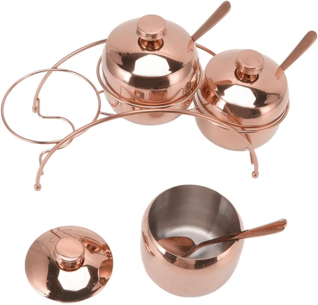 Sugar Bowl Set, Stainless Steel Seasoning Containers Set Gold Spice Sugar Container with Spoon and Lid Salt Bowl Salt Container for Home(Rose Gold)