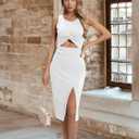 Women's Summer Dress with Slit Sleeveless Crew Neck Cutout Twist Front Crisscorss Ribbed Knit Bodycon Midi Casual Dresses (White, L)