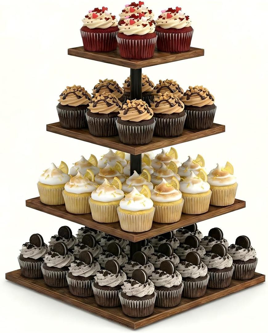 Wooden 4 Tier Cupcake Stand for 50 Cupcakes,Cupcake Holder,Cupcake Tower,Tiered Tray Stand for Birthday Bar Dcor Weddings,Parties Events, Dark Brown