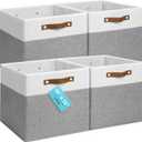 OrganiHaus 13" x 13" x 13" Cube Fabric Storage Bins Set of 4, Fabric Storage Cubes w/ Vegan Handles, 13 inch Collapsible Bins for Clothes & Toys Organizer, 13x13 Basket for Decor - Grey/White