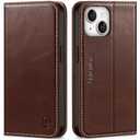 SHIELDON Case for iPhone 14 5G 6.1", Genuine Leather Wallet Case Flip Magnetic RFID Blocking Card Slots Carry-All with Kickstand Shockproof Cover Compatible with iPhone 14 - Retro Coffee