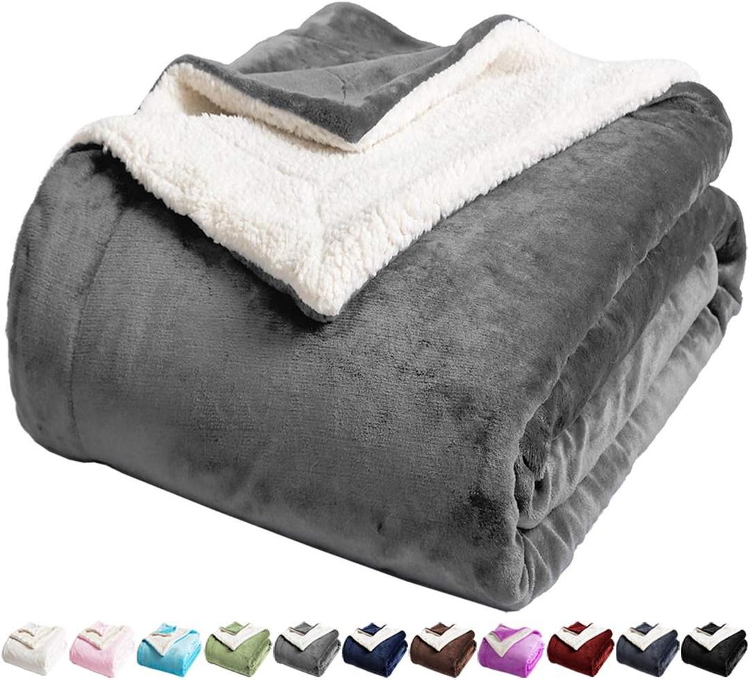 LBRO2M Sherpa Fleece Bed Blanket King Size Super Soft Fuzzy Plush Warm Cozy Fluffy Microfiber Couch Throw Velvet Double Reversible Luxurious Blankets,Grey (King(90x104 Inches))
