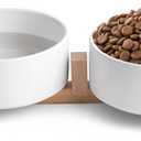 White Ceramic Dog & Cat Bowl Set  13.5 OZ with Wooden Stand, Non-Slip, Elevated Design for Small Dogs & Cats  2 Bowls (Food & Water, Ceramic Pet Bowls, Modern Dog Bowls)