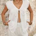 Women's 2026 Summer Short Sleeve Cardigan Sweater Tops Hollow Out Tie Front Y2k Crochet Vest Knit Beach Cover Ups (S)