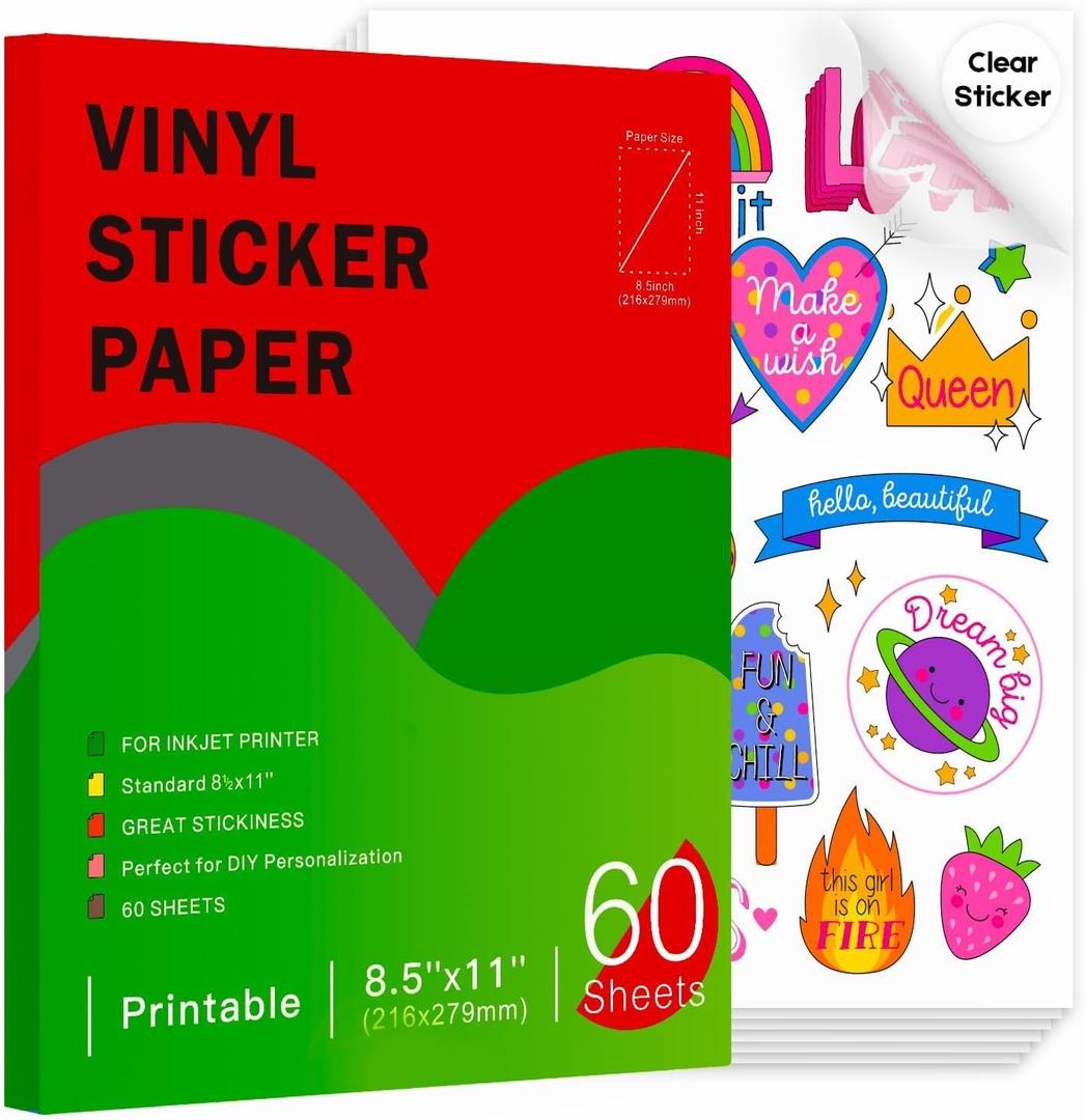 60 Sheets Printable Clear Vinyl Sticker Paper for Inkjet Printers, Transparent Paper of 8.5x11"DIY Personalized Self-adhesive Paper That Is Tear Resistant, Waterproof Labels, Easy to Cut
