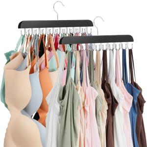 ZEDODIER 2 Pack Bra Hanger, Tank Top Hanger, Bra Hangers for Closet Organizer, Wooden Closet Organizer with 40 Adjustable Hooks, Space-Saving Storage for Bras, Tank Tops, and Belts, Black