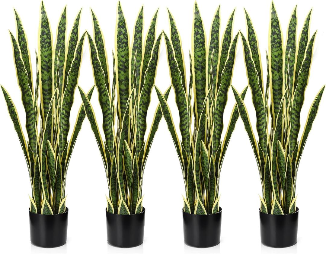 Crowye 4 Pack 3.15 Ft Tall Artificial Snake Plant Faux Sansevieria Plant Large Fake Snake Bulk in Pot for Home Office Housewarming Gift