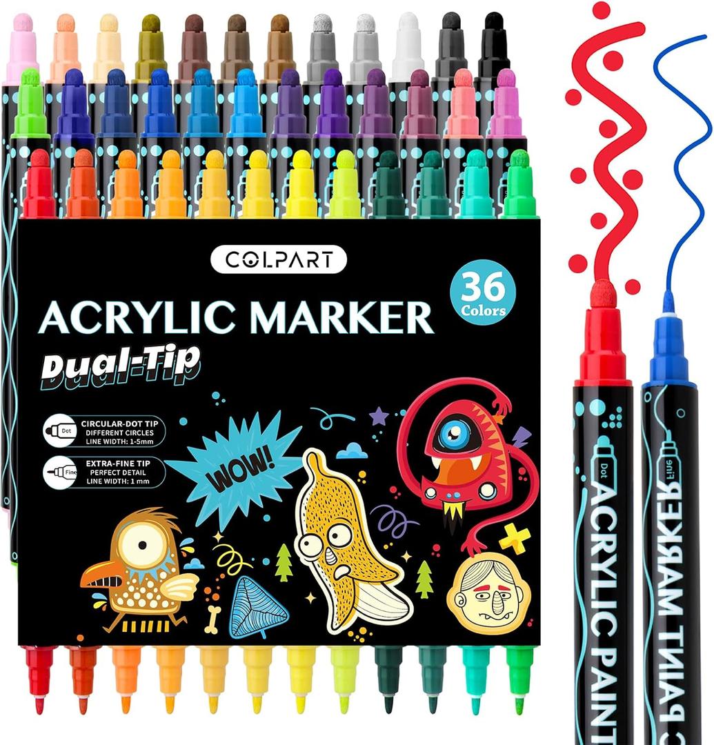 Dual Tip Acrylic Paint Markers-36Colors Acrylic Paint Pens For Rock Painting Wood Canvas Plastic Metal And Stone, Acrylic Dot Markers Pen For DIY Crafts Making Art Supplies Colouring