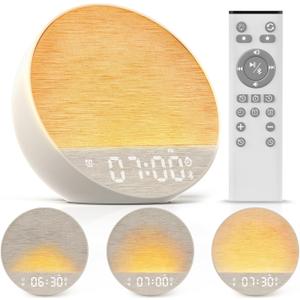 Tap-to-Snooze Sunrise Alarm Clock with Sound Machine, 36 Sounds White Noise Machine for Sleeping Adults, Gradual Sunrise Clock with Bluetooth Speaker & Remote Control, 15-Color Night LightPutty