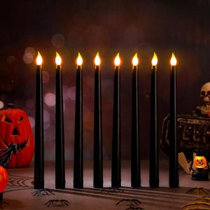 Enhon 8 Pieces Halloween Black Flameless Taper Candles 10 Inch LED Battery Operated Flickering Candles for Halloween Wedding Christmas Dinner Church Spell Holiday Advent Rituals