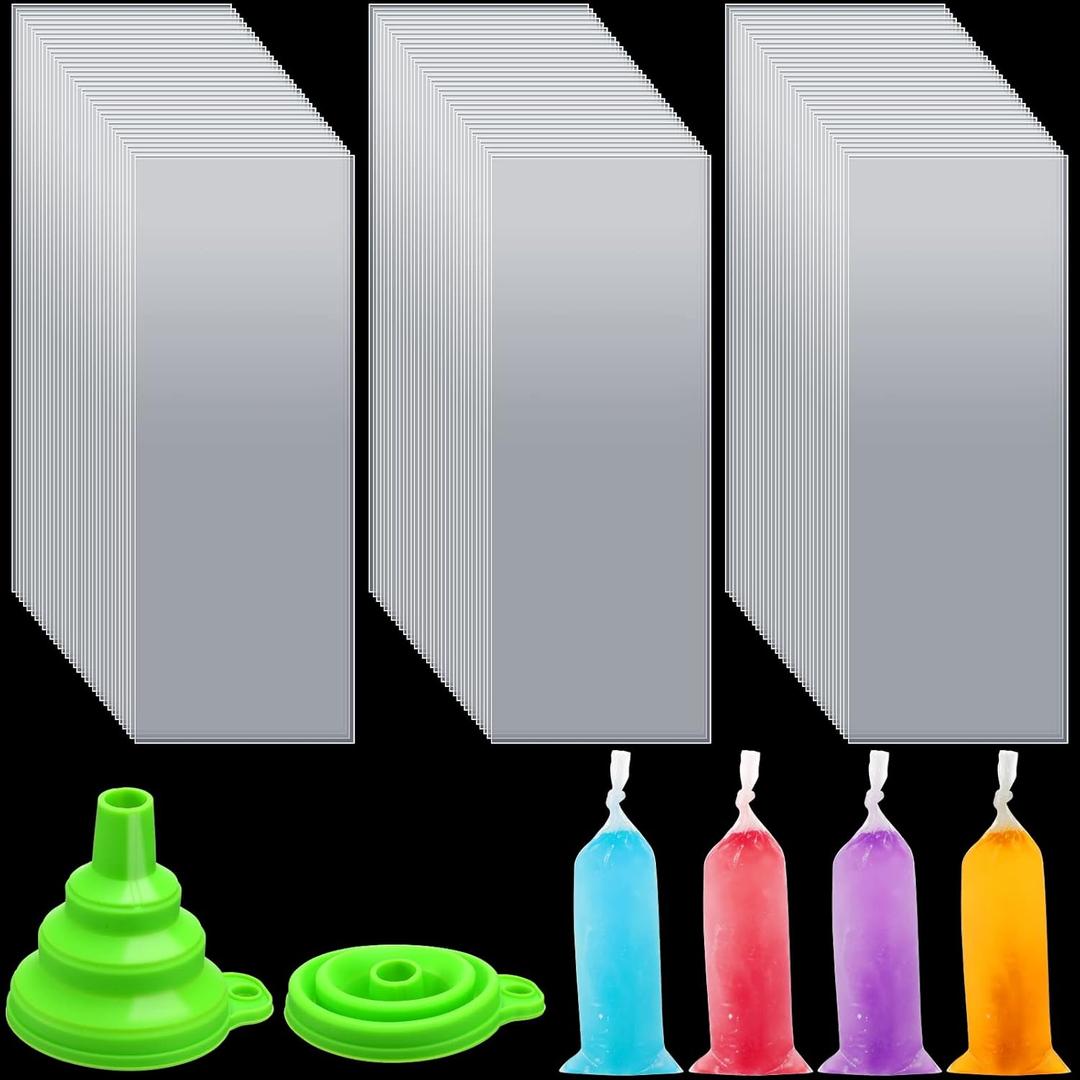 Jeyiour 1000 Pcs Ice Lolly Bags Disposable Ice Lolly Mold Bulk 3x10 Inches Plastic Candy Freeze Pop Bags with 2 Silicone Funnels Wrappers for Yogurt Sticks, Candy, Juice, Fruit Smoothies