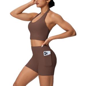 Workout Sets for Women 2 Piece Backless Halter Tops High Waist Booty Yoga Gym Outfits Shorts with Pockets (Coffee Brown, Medium) (Brown, M)