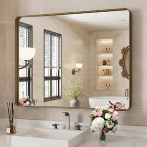 WEER Bronze Bathroom Wall Mirror, 40x32 Inch Oil Rubbed Bronze Vanity Mirror, Farmhouse Bronze Mirror with Aluminum Alloy Brushed Metal Frame, Tempered Glass, Anti-Rust (Horizontal/Vertical)