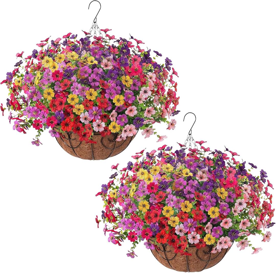 HyeFlora 2 Set Artificial Outdoor Flowers Hanging Basket, Faux Hanging Plants for Outside Spring Decoration, Fake Silk UV Resistant Look Real Daisy for Porch Patio Home Decor