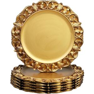 13" Antique Gold Charger Plates, Set of 6 Plastic Textured Chargers for Dinner Plates with Embossed Rim, Table Dcor, Party, Wedding, Holiday (FD01G)