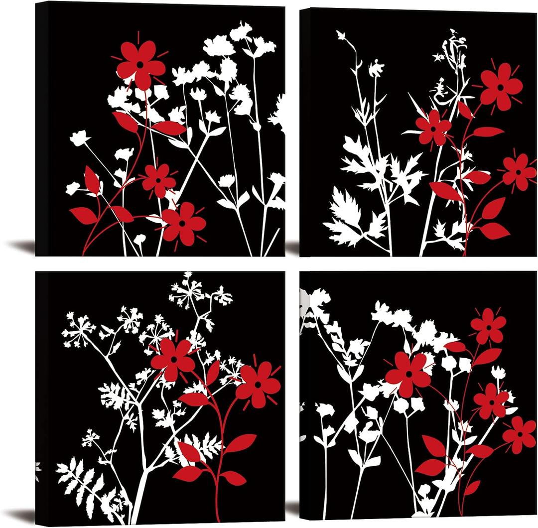 4 Pieces Black and White Red Flower Canvas Wall Art Abstract Painting Picture Print Blooming Floral Artwork Modern Contemporary Crimson Home Decor for Living Room Bathroom Zen Art 12x12x4pcs