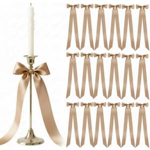 Lyrow 36 Pcs Champagne Long Satin Ribbon Bows for Wedding Valentine Candlestick Chairs Hair Bows for Women Bridal Baby Shower Backdrop Wine Glass DIY Birthday Party Table Decor(19.7" x 5.28") (Brown)
