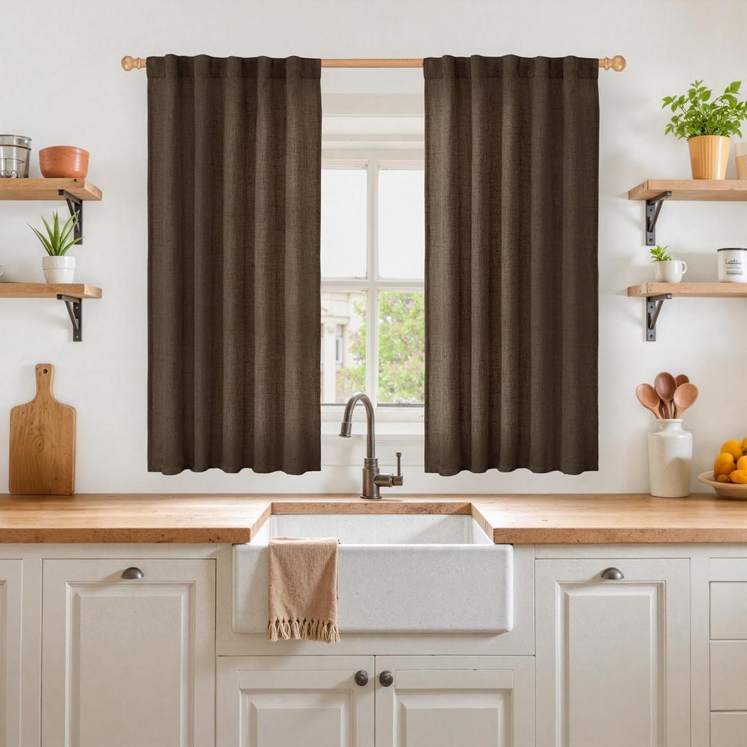 YoungsTex Brown Linen Curtains 45 Inches Long for Short Window, Back Tab Rod Pocket Chocolate Drapes Light Filtering for Kitchen Bathroom Cafe Decorative, 2 Panels, 42 X 45 Inch