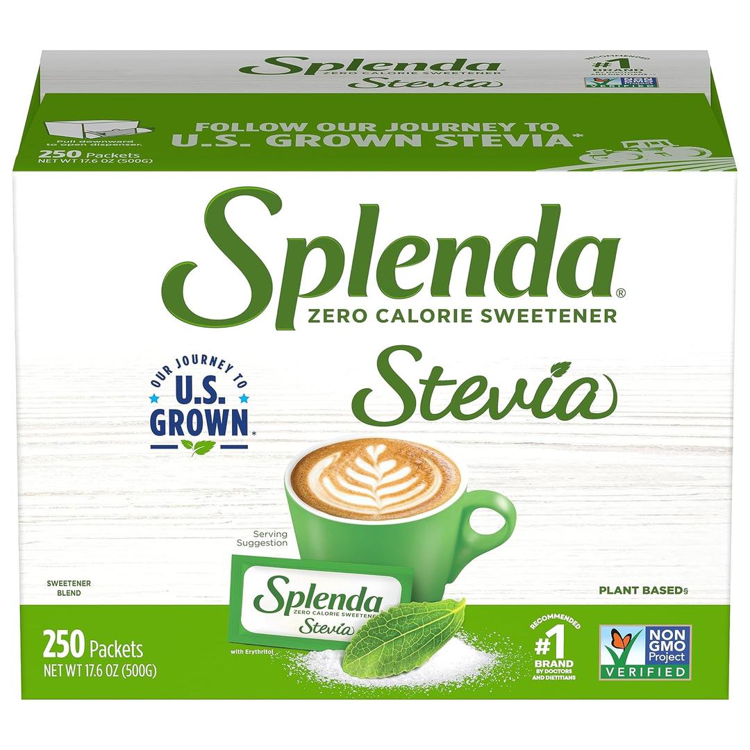 SPLENDA Stevia Zero Calorie Sweetener, Plant Based Sugar Substitute Granulated Powder, Single Serve Packets with Tray, 250 Count (Pack of 1) (EXP 08/08/26)