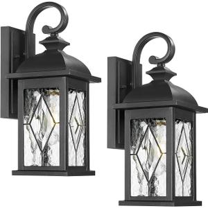 FEMILA 15" Exterior Wall Sconce, 2-Pack Outdoor Waterproof Wall Lights Fixture, Anti-Rust Matte Black Finish with Water Ripple Glass,4FD54B-2PK BK-SD