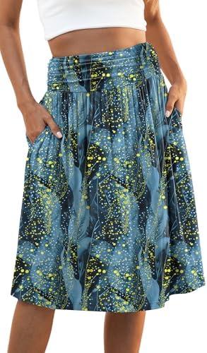 Naggoo Womens Summer Elastic High Waisted Midi Skirts Flowy Aline Pleated Knee Length Skirt with Pockets XL