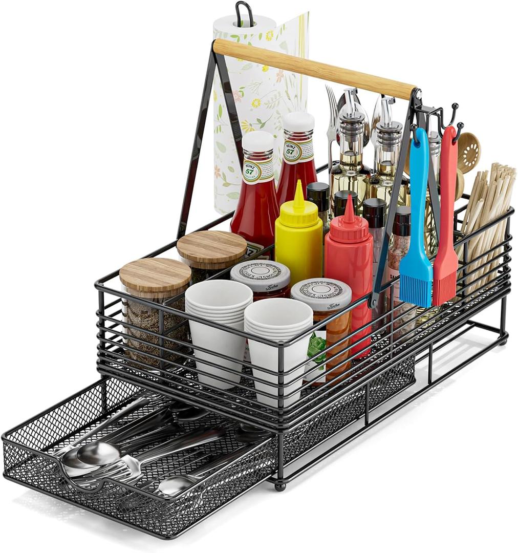 Grill Caddy for Outdoor Grill, BBQ Caddy with Paper Towel Holder 2-layer Camping Caddy Organizer Picnic Accessories Tailgate Essentials Grilling Gifts for Men