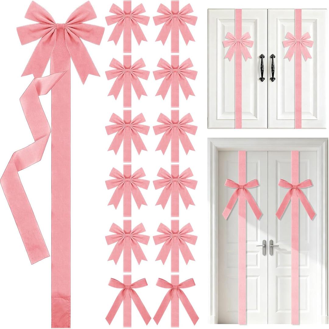 Crowye 14 Pcs Valentine's Day Cabinet Ribbons Bows Include 2 Pcs 14 x 6.6 Ft Large Valentine's Day Door Bows Ribbons Decorations for Party Home Kitchen Gifts Supplies(Pink,Velvet,Novel)