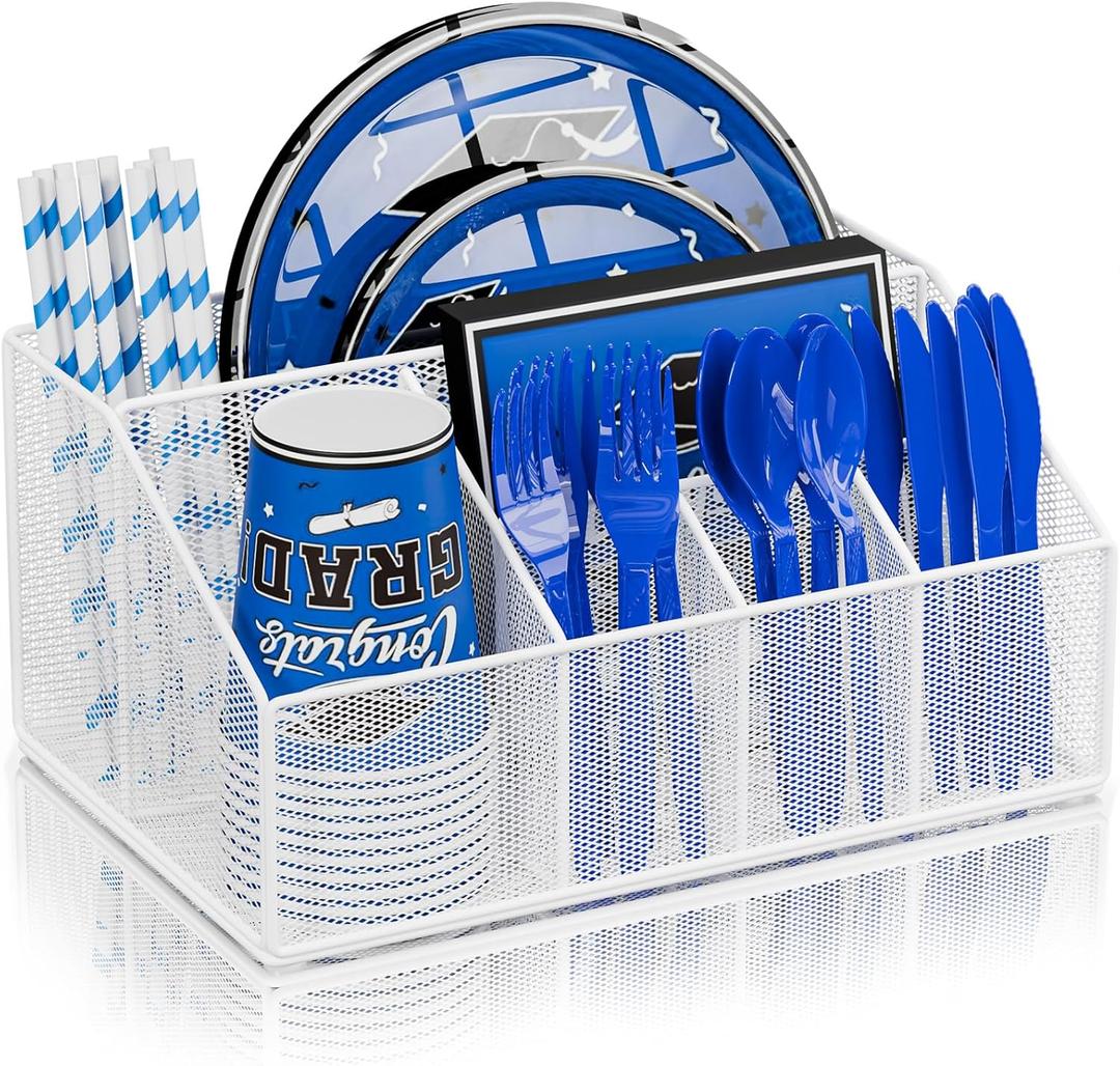 Metal Paper Plate Dispenser Holders, Disposable Paper Plate Utensils Holder for Party, Napkin Cups-Silverware Cutlery Holder Caddy for Kitchen Counter, White