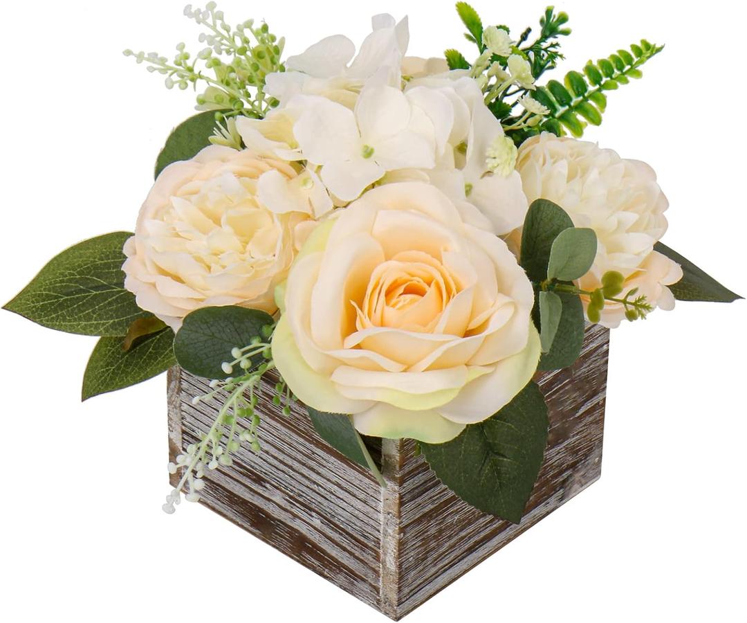 DILATATA Flower Arrangement with Wooden Vase 8" Artificial Flowers in Pot - Fake Flowers Roses Peonies Hydrangeas in Wooden Vase Potted Flower Centerpieces for Table Decor - Pale Yellow