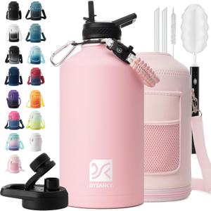 1 Gallon Water Bottle Insulated | Thickened Stainless Steel Vacuum Metal Water Jug | Portable Sports Large for Gym and Hiking with Straw, Carrier Bag, Handle Strap | BPA-Free 128 oz (Pink)