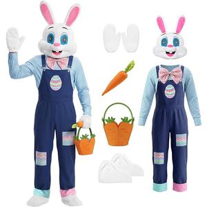 Adult Easter Bunny Costume, Deluxe Rabbit Plush Mascot Outfit with Head, Plaid Shirt, Overalls, Medium