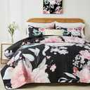 Yogeneg Full Queen Size Quilt Set, Pink Floral Botanical Pattern Black Bedding Set,3 Piece Lightweight Soft Summer Bedspread Coverlet with 2 PIillow Sham for All Season(Pink Floral,90"x96")