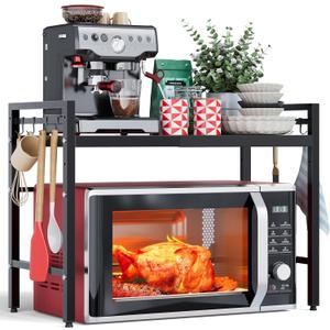 NETEL Expandable Microwave Stand,2 Tier Metal Kitchen Countertop Organizer Shelves with 8 Hooks,Bakers Rack,Microwave Shelf,Microwave Oven Rack,55lbs Weight Capacity